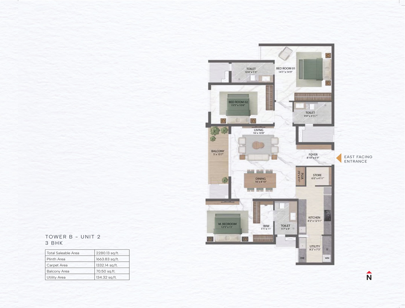 3 BHK Floor Plan - 667 Sq. Ft.