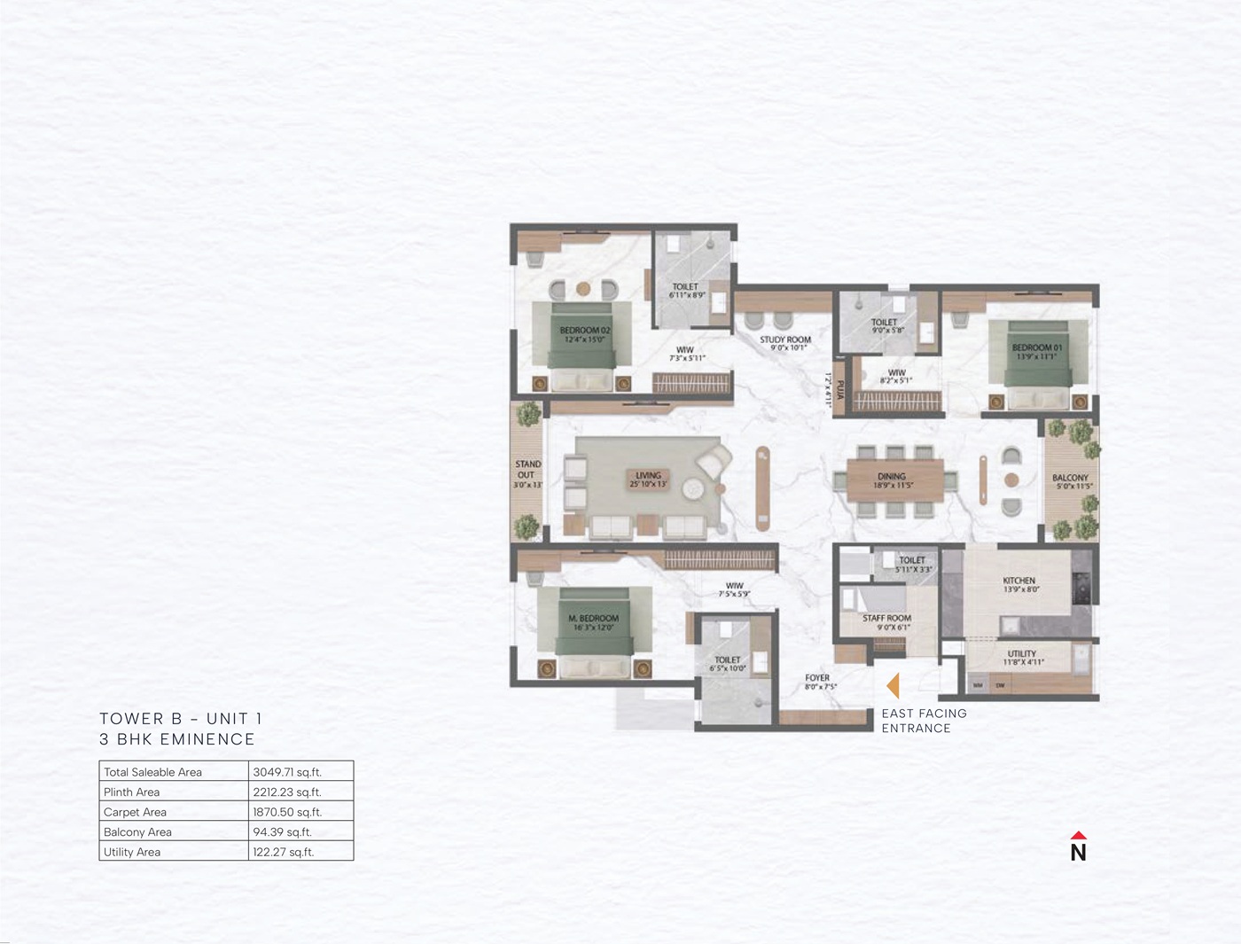 3 BHK Eminence Floor Plan - 694 Sq. Ft.